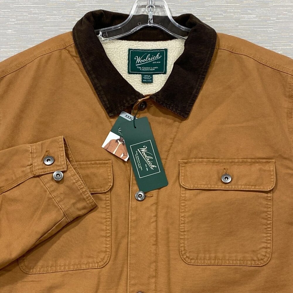 Woolrich Chore Jacket Mens 3XL Brown Canvas Sherpa Lined Corduroy Collar Barn
